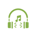 Green headphones with music note icon.