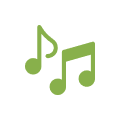 Green musical notes on white circle background.