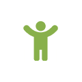 Green person icon with raised arms.