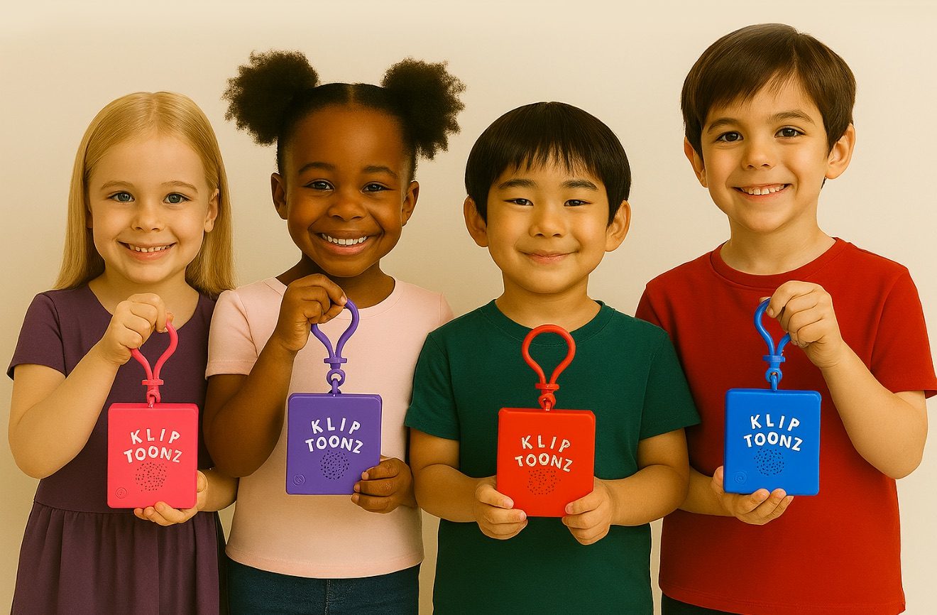 Four diverse children holding colorful 'Back to School' signs and smiling.