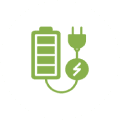 Battery charging icon with a plug and lightning bolt.